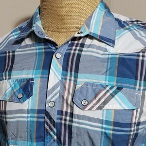 O'Neill blue plaid snap western cut roll up sleeve